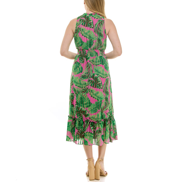 Gabby Skye MAISON TARA PLEATED SLEEVELESS TROPICAL LEAF PRINT MIDI DRESS PINK/GREEN