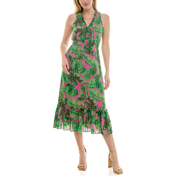gabby skye MAISON TARA PLEATED SLEEVELESS TROPICAL LEAF PRINT MIDI DRESS PINK/GREEN