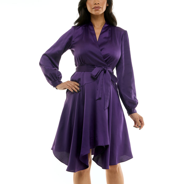 Gabby Skye MAISON TARA PUFF SLEEVE CINCTURED WRAP MINI DRESS - EXCHANGES ONLY EGGPLANT