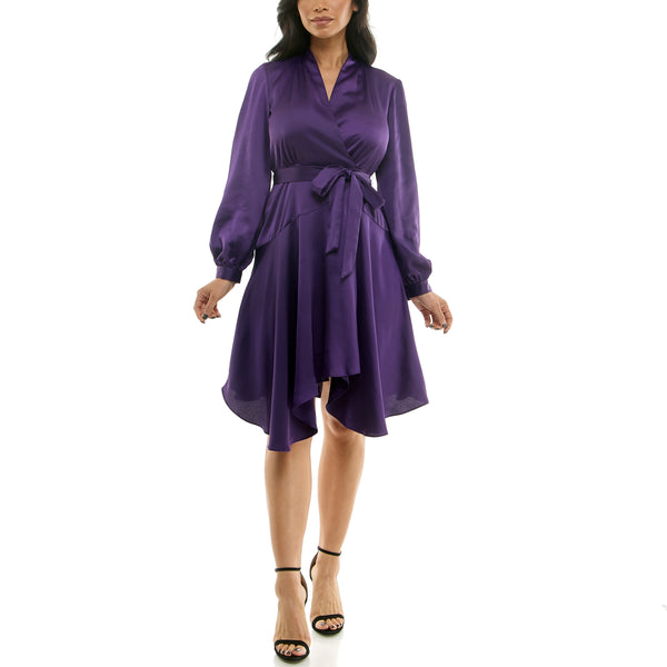 gabby skye MAISON TARA PUFF SLEEVE CINCTURED WRAP MINI DRESS - EXCHANGES ONLY EGGPLANT