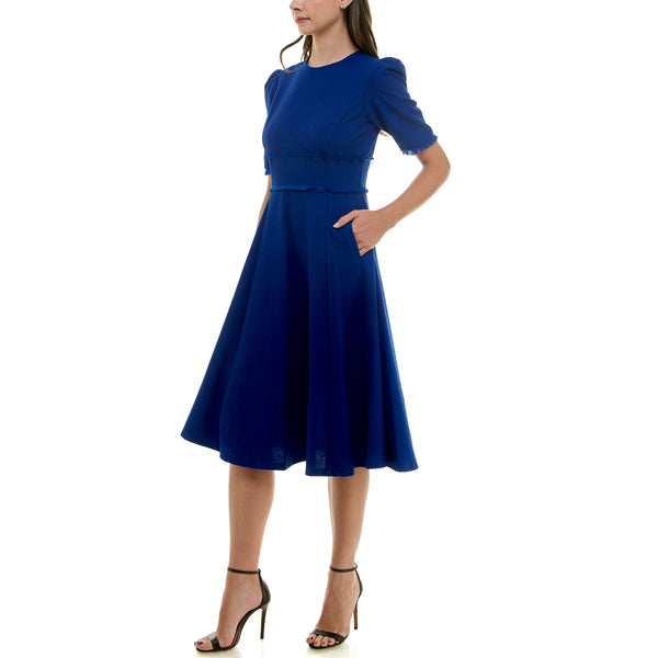 Gabby Skye MAISON TARA PUFF SLEEVE MICRO TASSEL POCKETED MIDI DRESS COBALT