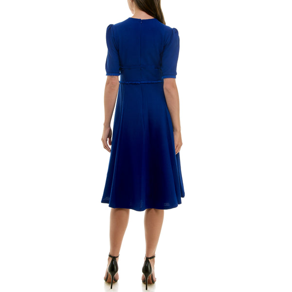 Gabby Skye MAISON TARA PUFF SLEEVE MICRO TASSEL POCKETED MIDI DRESS COBALT