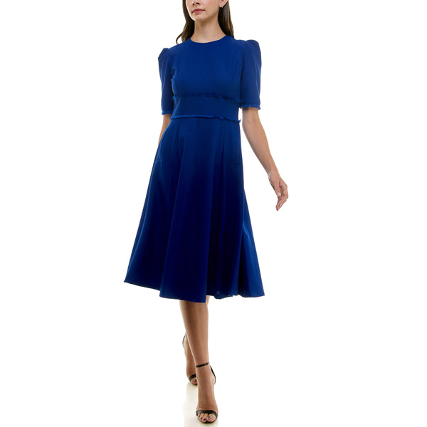 gabby skye MAISON TARA PUFF SLEEVE MICRO TASSEL POCKETED MIDI DRESS COBALT