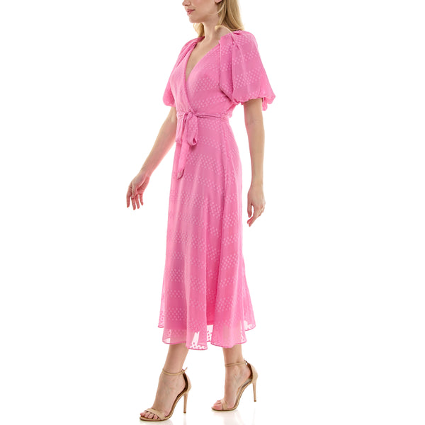 Gabby Skye MAISON TARA PUFF SLEEVE SWISS DOT PRINT MIDAXI DRESS PEONY