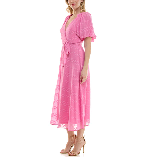 Gabby Skye MAISON TARA PUFF SLEEVE SWISS DOT PRINT MIDAXI DRESS PEONY