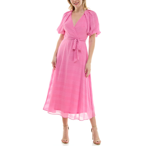 gabby skye MAISON TARA PUFF SLEEVE SWISS DOT PRINT MIDAXI DRESS PEONY