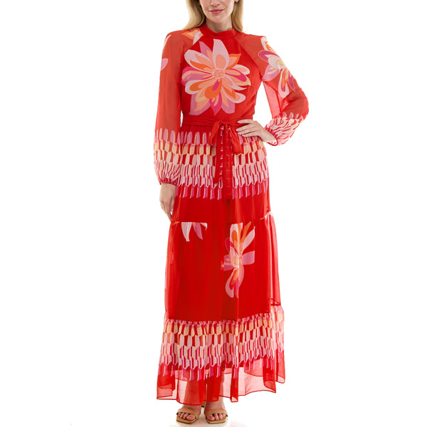 Gabby Skye MAISON TARA RETRO FLORAL MIXED PRINT LONG SLEEVE MAXI DRESS RED MULTI