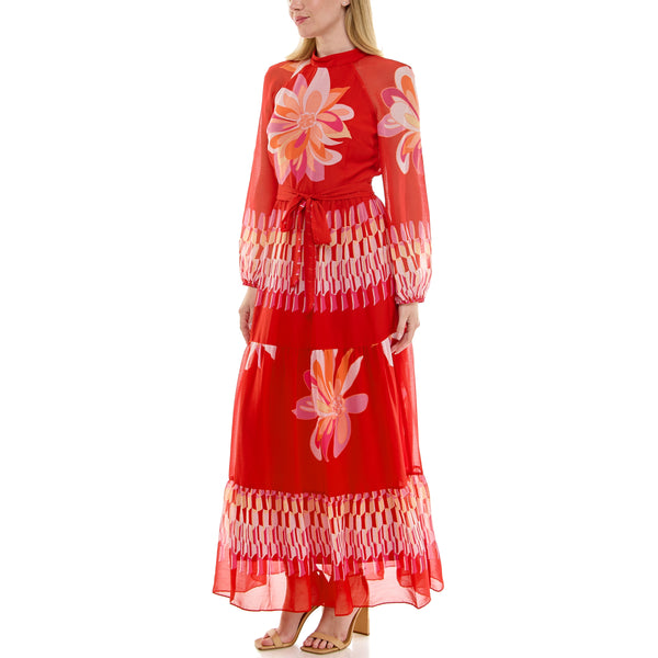 Gabby Skye MAISON TARA RETRO FLORAL MIXED PRINT LONG SLEEVE MAXI DRESS RED MULTI