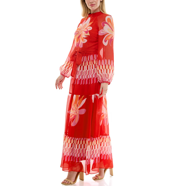 Gabby Skye MAISON TARA RETRO FLORAL MIXED PRINT LONG SLEEVE MAXI DRESS RED MULTI