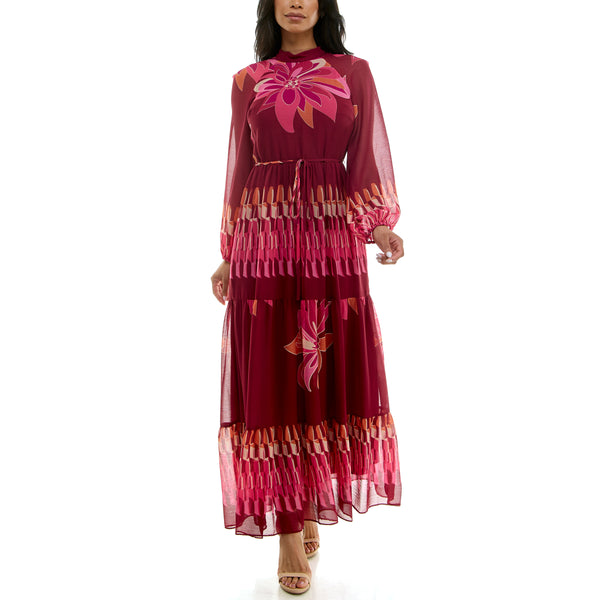 Gabby Skye MAISON TARA RETRO FLORAL MIXED PRINT LONG SLEEVE MAXI DRESS WINE/BERRY