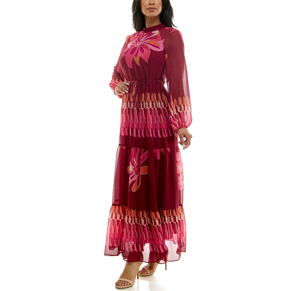 Gabby Skye MAISON TARA RETRO FLORAL MIXED PRINT LONG SLEEVE MAXI DRESS WINE/BERRY