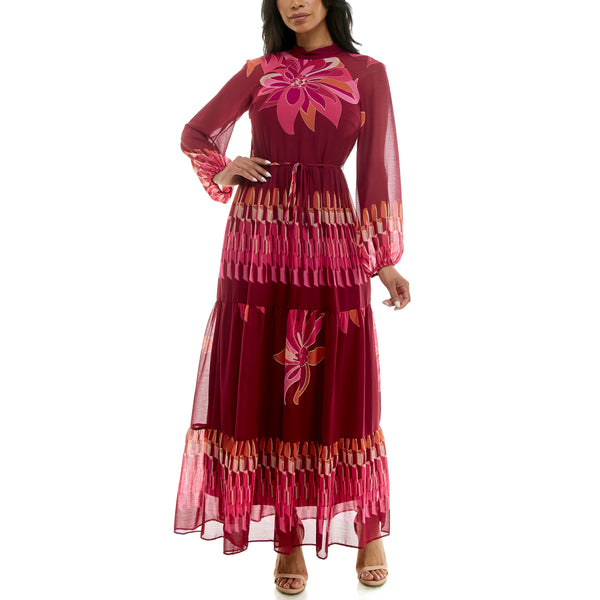 gabby skye MAISON TARA RETRO FLORAL MIXED PRINT LONG SLEEVE MAXI DRESS WINE/BERRY