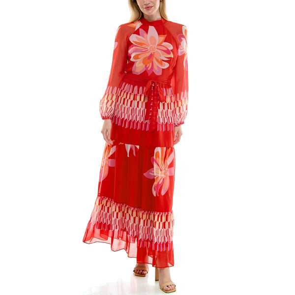 gabby skye MAISON TARA RETRO FLORAL MIXED PRINT LONG SLEEVE MAXI DRESS RED MULTI