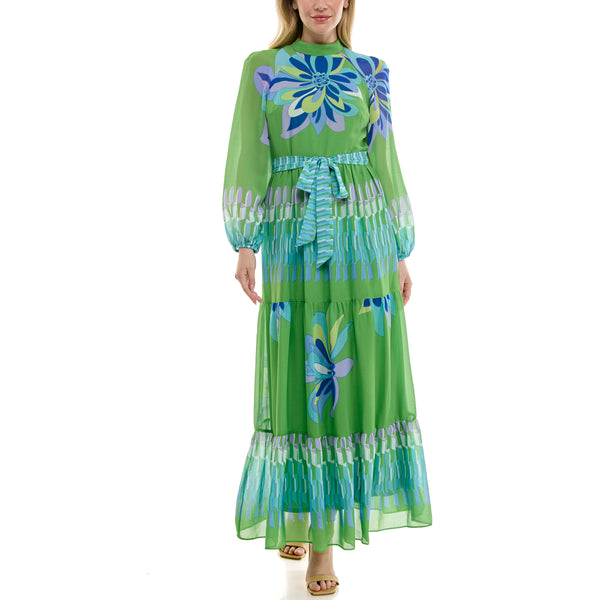 Gabby Skye MAISON TARA RETRO FLORAL PRINT LONG SLEEVE MOCK NECK TIERED MAXI DRESS LIME MULTI
