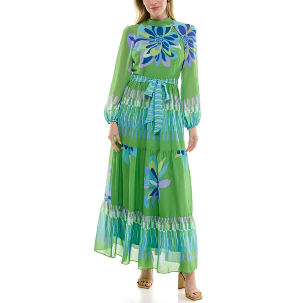 Gabby Skye MAISON TARA RETRO FLORAL PRINT LONG SLEEVE MOCK NECK TIERED MAXI DRESS LIME MULTI