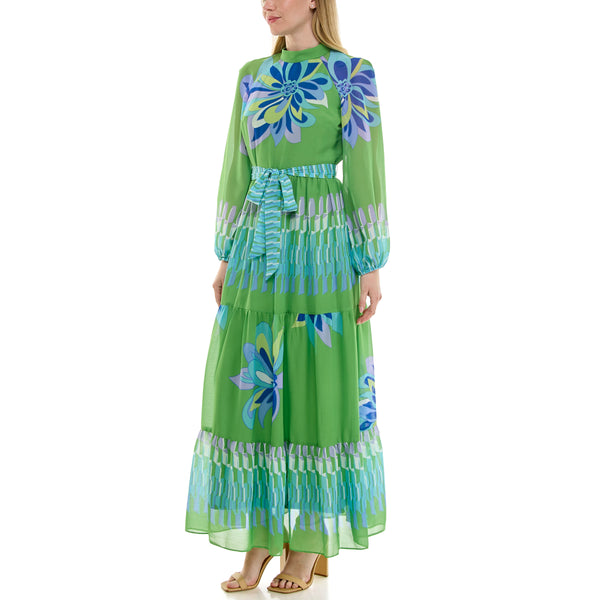 Gabby Skye MAISON TARA RETRO FLORAL PRINT LONG SLEEVE MOCK NECK TIERED MAXI DRESS LIME MULTI