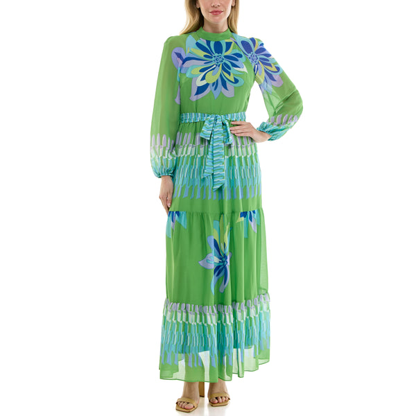 gabby skye MAISON TARA RETRO FLORAL PRINT LONG SLEEVE MOCK NECK TIERED MAXI DRESS LIME MULTI