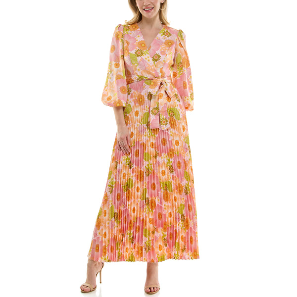Gabby Skye MAISON TARA RETRO INSPIRED FLORAL PRINT WRAP MAXI DRESS PINK/SORBET