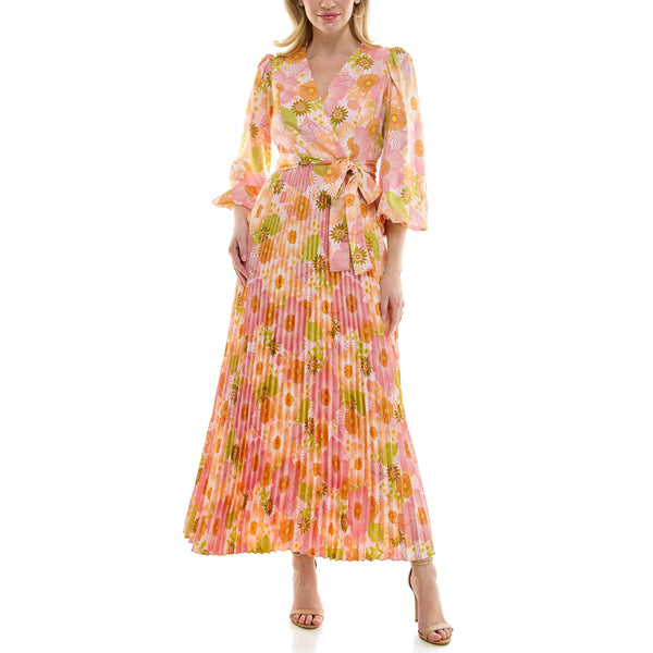 Gabby Skye MAISON TARA RETRO INSPIRED FLORAL PRINT WRAP MAXI DRESS PINK/SORBET