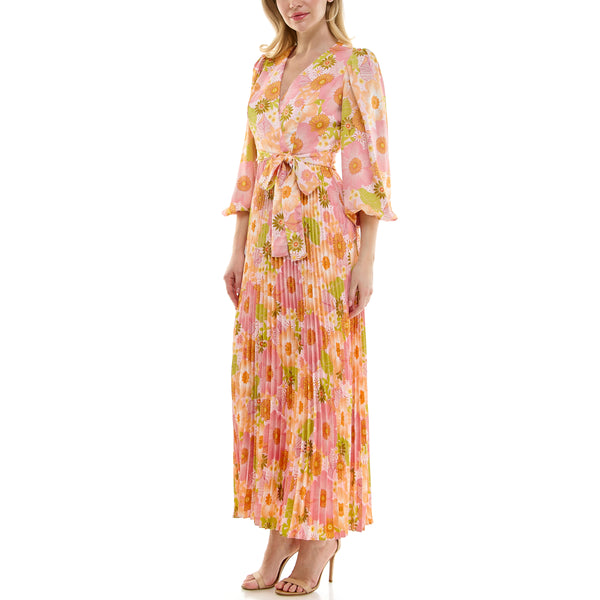 Gabby Skye MAISON TARA RETRO INSPIRED FLORAL PRINT WRAP MAXI DRESS PINK/SORBET