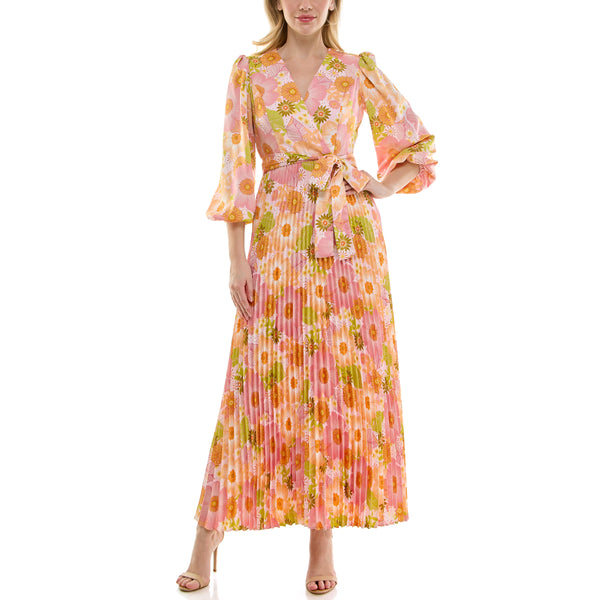 gabby skye MAISON TARA RETRO INSPIRED FLORAL PRINT WRAP MAXI DRESS PINK/SORBET