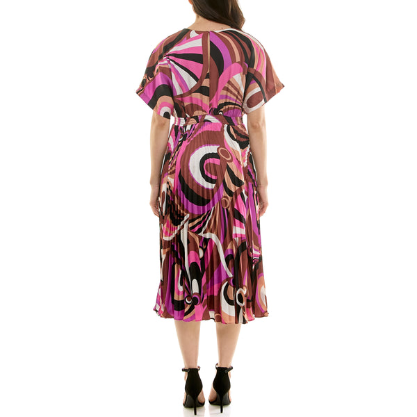 Gabby Skye MAISON TARA RETRO INSPIRED PRINT ACCORDION PLEATED MIDI DRESS TEAL MULTI