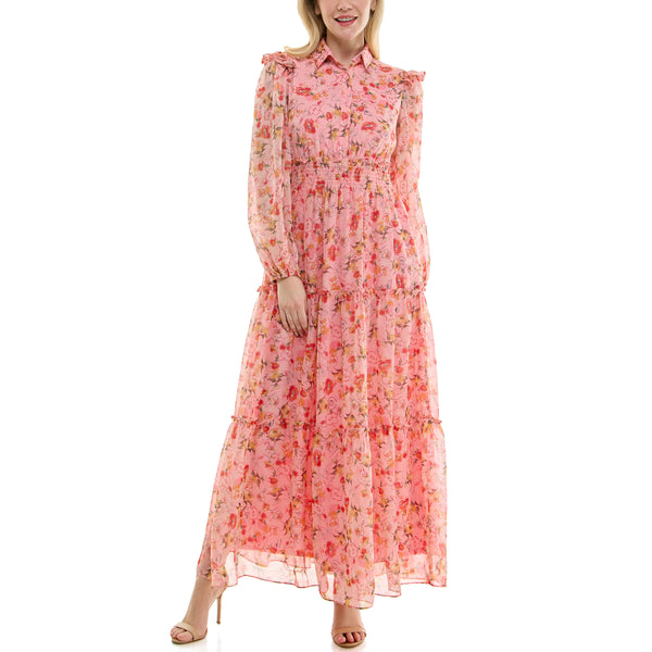 Gabby Skye MAISON TARA RETRO INSPIRED TIERED FLORAL PRINT CHIFFON PRAIRIE MAXI DRESS PEACH MULTI
