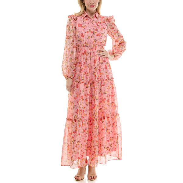 Gabby Skye MAISON TARA RETRO INSPIRED TIERED FLORAL PRINT CHIFFON PRAIRIE MAXI DRESS PEACH MULTI