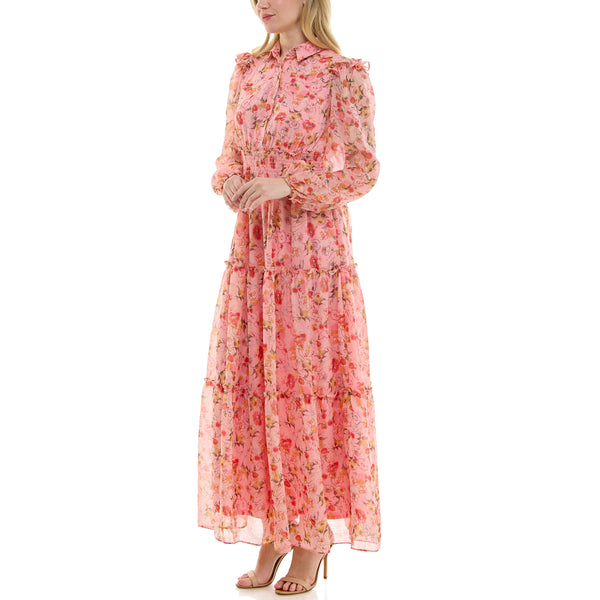 Gabby Skye MAISON TARA RETRO INSPIRED TIERED FLORAL PRINT CHIFFON PRAIRIE MAXI DRESS PEACH MULTI