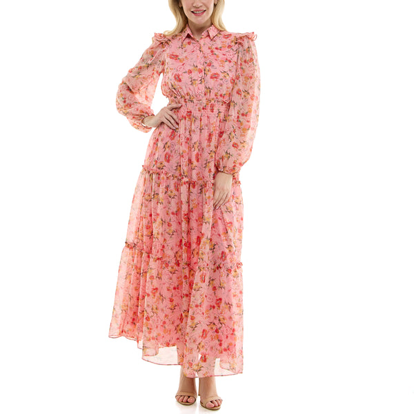 gabby skye MAISON TARA RETRO INSPIRED TIERED FLORAL PRINT CHIFFON PRAIRIE MAXI DRESS PEACH MULTI