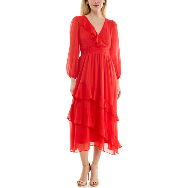 Gabby Skye MAISON TARA RUFFLE TIERED CHIFFON MAXI DRESS PERSIMMON