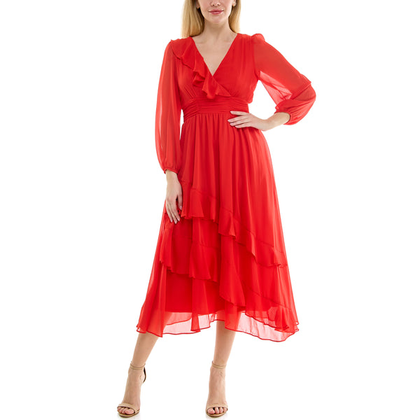 Gabby Skye MAISON TARA RUFFLE TIERED CHIFFON MAXI DRESS PERSIMMON