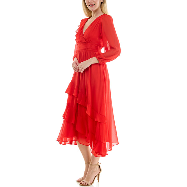 Gabby Skye MAISON TARA RUFFLE TIERED CHIFFON MAXI DRESS PERSIMMON