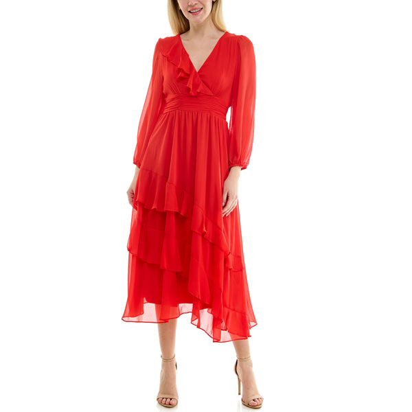 gabby skye MAISON TARA RUFFLE TIERED CHIFFON MAXI DRESS PERSIMMON