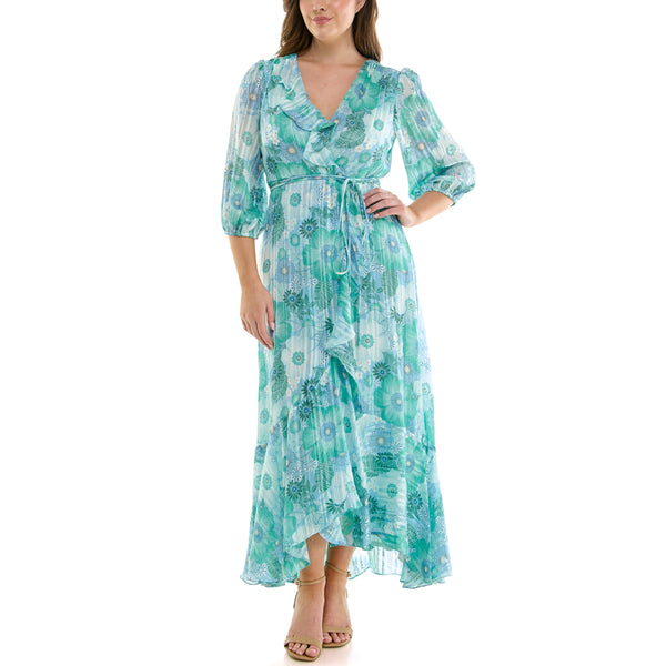 Gabby Skye MAISON TARA RUFFLED FAUX WRAP FLORAL PRINT CURVE MAXI DRESS AQUA/SEAFOAM