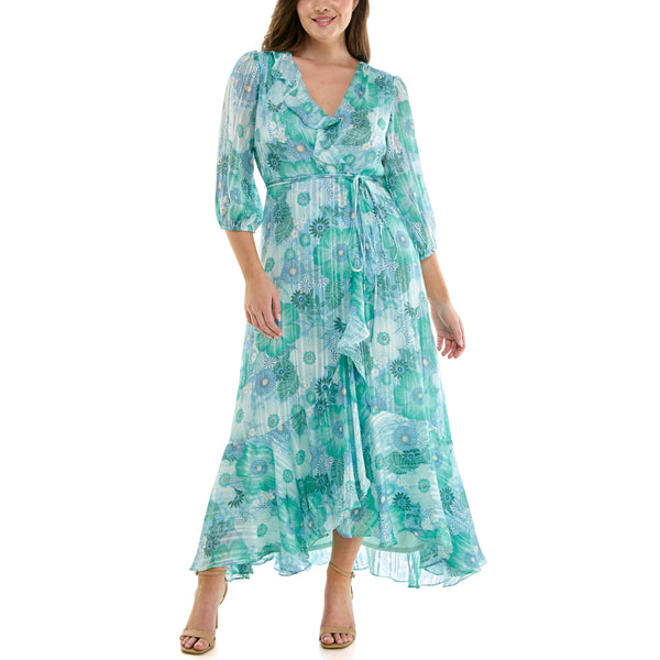 Gabby Skye MAISON TARA RUFFLED FAUX WRAP FLORAL PRINT CURVE MAXI DRESS AQUA/SEAFOAM