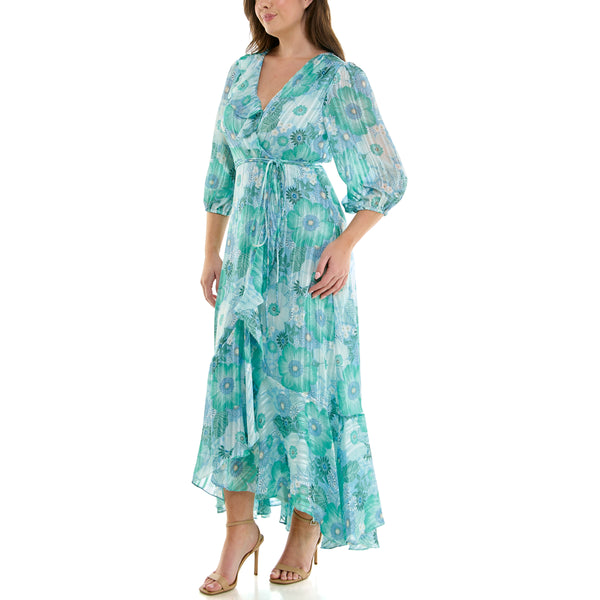 Gabby Skye MAISON TARA RUFFLED FAUX WRAP FLORAL PRINT CURVE MAXI DRESS AQUA/SEAFOAM