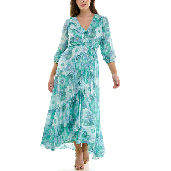 gabby skye MAISON TARA RUFFLED FAUX WRAP FLORAL PRINT CURVE MAXI DRESS AQUA/SEAFOAM
