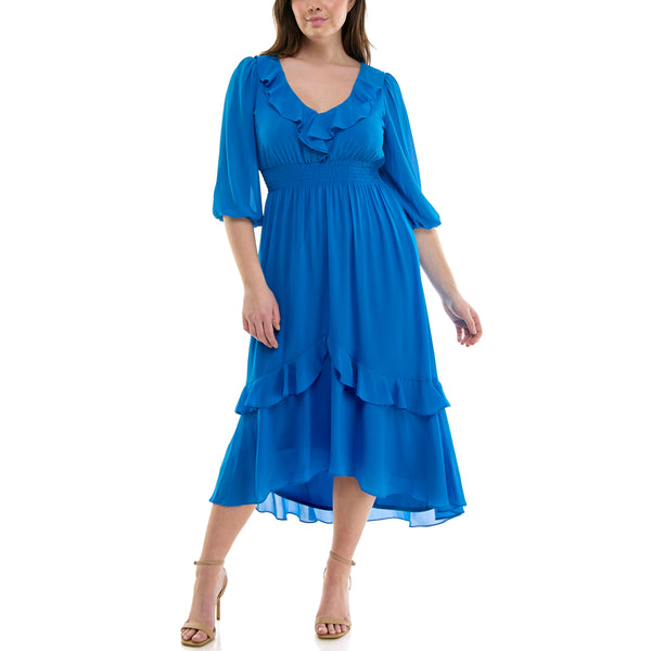 Gabby Skye MAISON TARA RUFFLED NECKLINE CASCADING CHIFFON CURVE MAXI DRESS BLUE