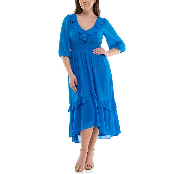 Gabby Skye MAISON TARA RUFFLED NECKLINE CASCADING CHIFFON CURVE MAXI DRESS BLUE