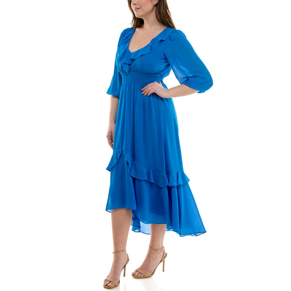 Gabby Skye MAISON TARA RUFFLED NECKLINE CASCADING CHIFFON CURVE MAXI DRESS BLUE