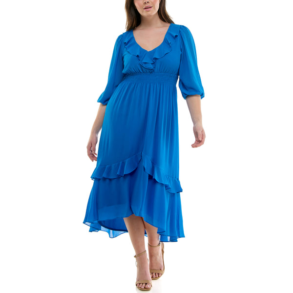 gabby skye MAISON TARA RUFFLED NECKLINE CASCADING CHIFFON CURVE MAXI DRESS BLUE