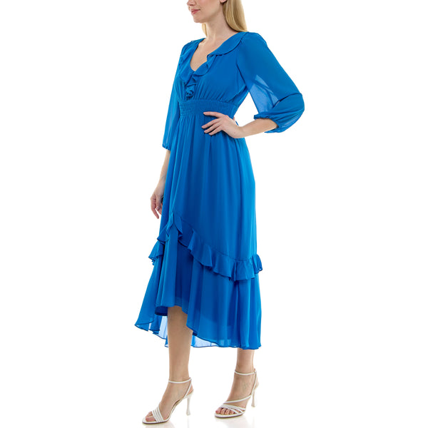 Gabby Skye MAISON TARA RUFFLED NECKLINE CASCADING CHIFFON MAXI DRESS BLUE