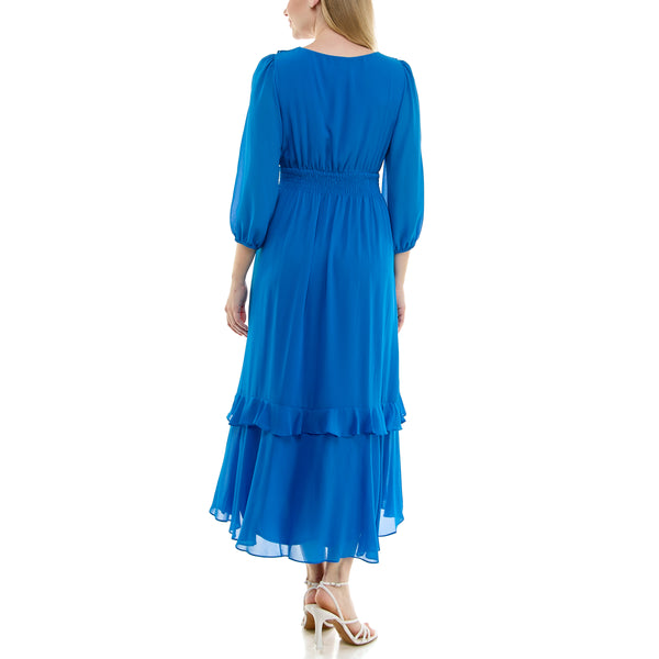Gabby Skye MAISON TARA RUFFLED NECKLINE CASCADING CHIFFON MAXI DRESS BLUE
