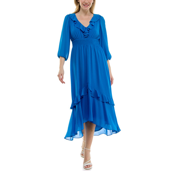 gabby skye MAISON TARA RUFFLED NECKLINE CASCADING CHIFFON MAXI DRESS BLUE