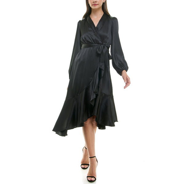 Gabby Skye MAISON TARA RUFFLED SATIN LONG SLEEVE WRAP ROBE DRESS - EXCHANGES ONLY BLACK