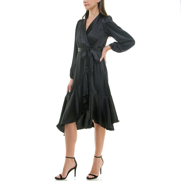 Gabby Skye MAISON TARA RUFFLED SATIN LONG SLEEVE WRAP ROBE DRESS - EXCHANGES ONLY BLACK