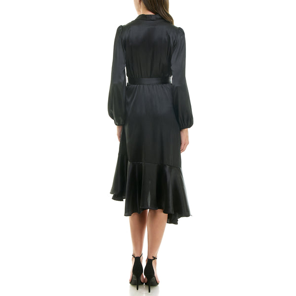 Gabby Skye MAISON TARA RUFFLED SATIN LONG SLEEVE WRAP ROBE DRESS - EXCHANGES ONLY BLACK