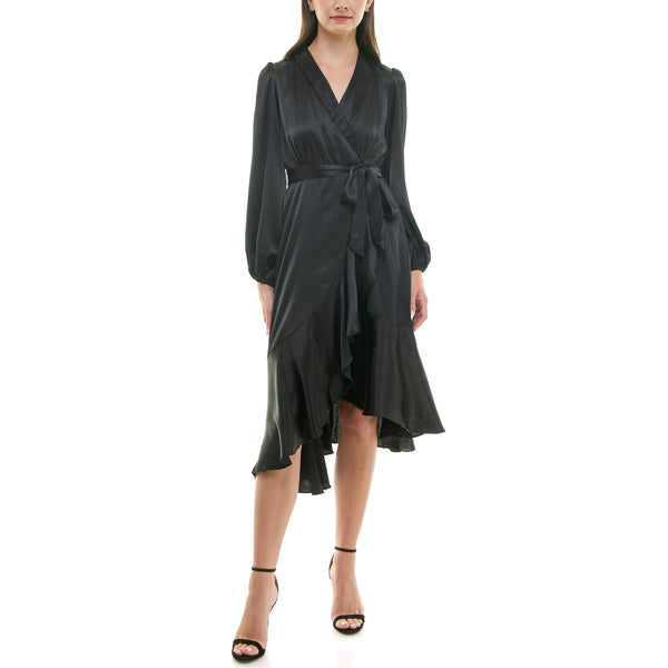 gabby skye MAISON TARA RUFFLED SATIN LONG SLEEVE WRAP ROBE DRESS - EXCHANGES ONLY BLACK