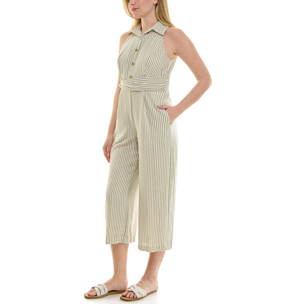 Gabby Skye MAISON TARA SEERSUCKER LINEN JUMPSUIT WITH POCKETS OLIVE/IVORY